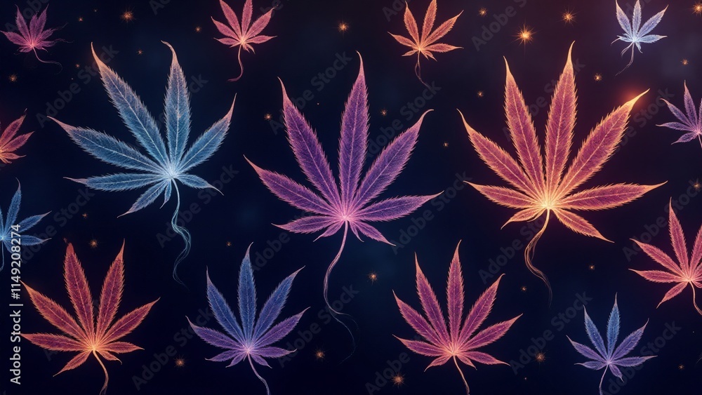 Fototapeta premium Celestial marijuana leaves crafted from glowing smoke, surrounded by star-like sparks on a deep purple-to-black gradient. Magical, detailed, and seamlessly ethereal design.