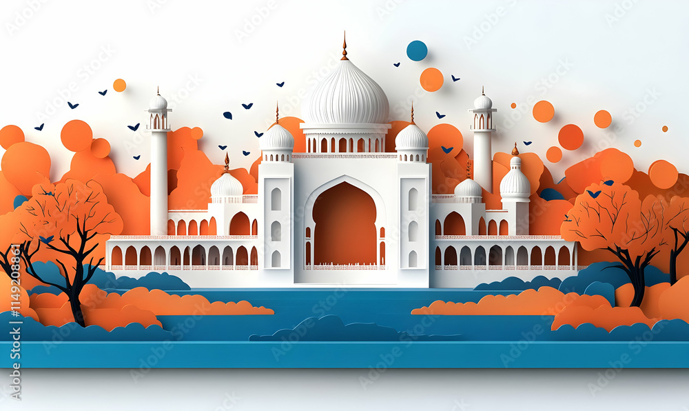 Naklejka premium A stylized paper-cut illustration of a monument surrounded by colorful trees and birds.