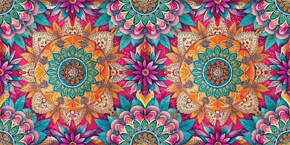 A vibrant and intricate floral mandala pattern featuring bold colors and detailed designs, creating a lively and artistic atmosphere. A vibrant and intricate floral mandala pattern featuring bold colors and detailed designs, creating a lively and artistic atmosphere.