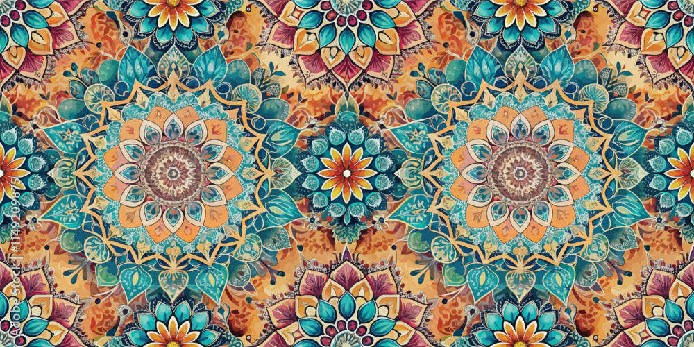 Vibrant and intricate mandala pattern featuring floral motifs in teal, orange, and gold hues. Vibrant and intricate mandala pattern featuring floral motifs in teal, orange, and gold hues.