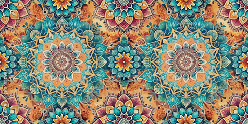 Wallpaper Mural Vibrant and intricate mandala pattern featuring floral motifs in teal, orange, and gold hues. Torontodigital.ca