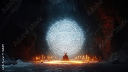 Mysterious daemon sits in hidden cave. Arcane symbols glow around ritual circle. Candles illuminate mystical scene. Supernatural energy surrounds powerful entity. Enchanted dark fantasy setting. photo