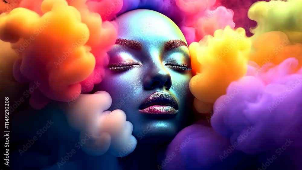 Vibrant woman surrounded by colorful clouds expressing creativity and imagination in a surreal art piece Vibrant woman surrounded by colorful clouds expressing creativity and imagination in a surreal art piece