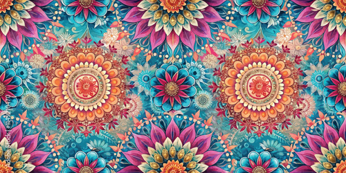 A vibrant floral design featuring multicolored blossoms and intricate patterns on a teal background.