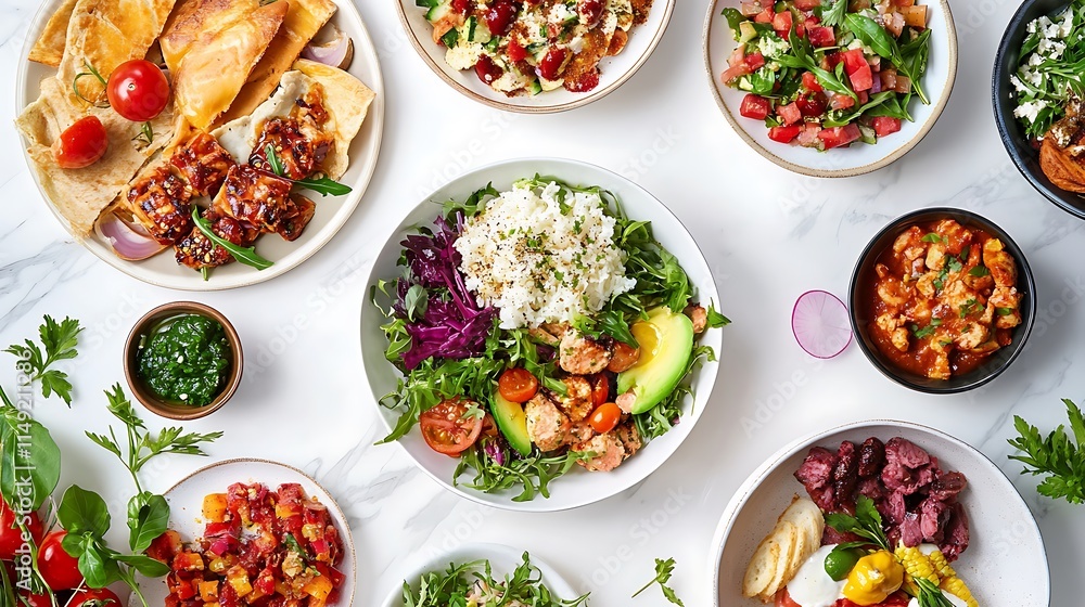 A vibrant and clean display of gourmet global meals, featuring fresh textures and minimalist plating against white A vibrant and clean display of gourmet global meals, featuring fresh textures and minimalist plating against white