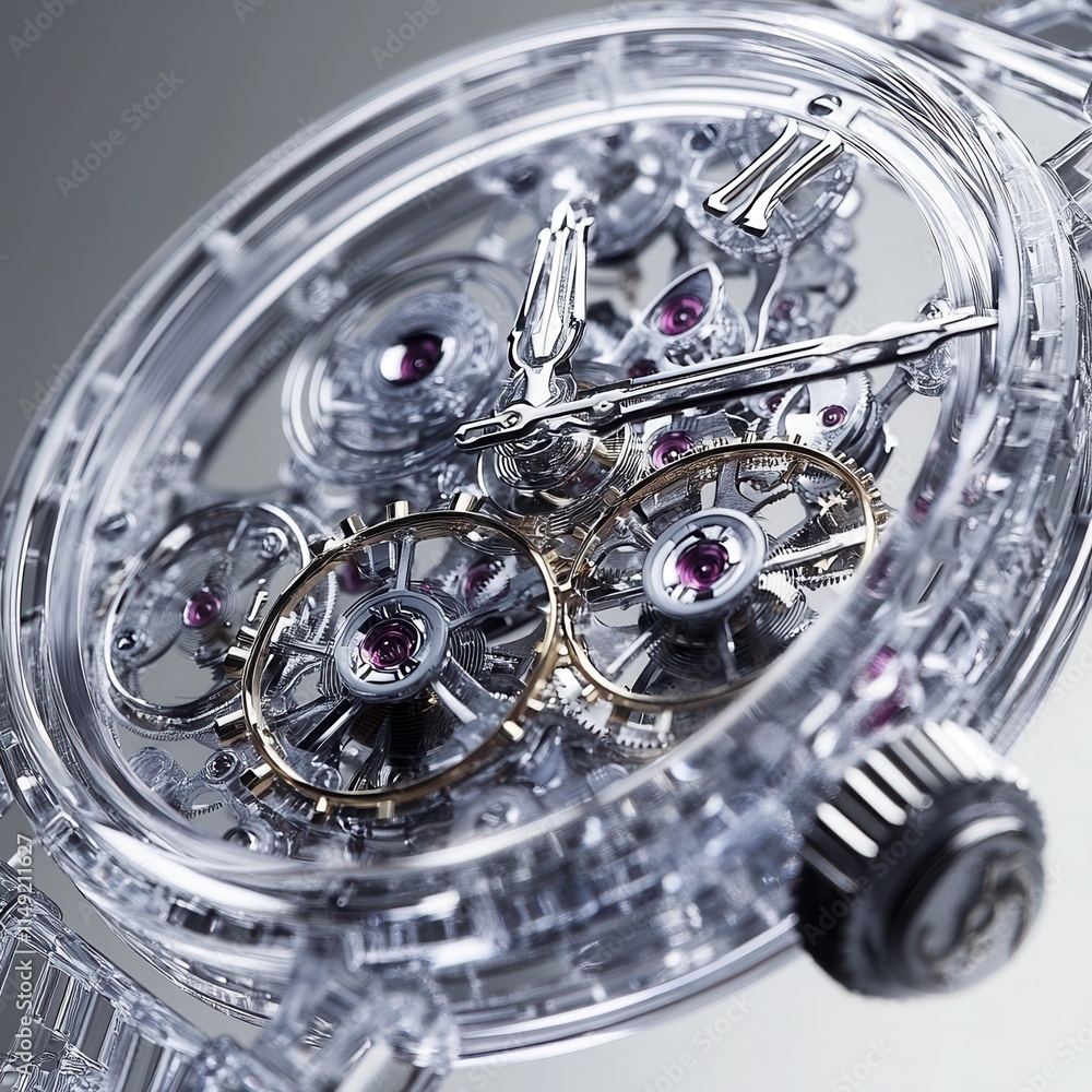 Close-up of Intricate Transparent Skeleton Watch Mechanism, Luxury Timepiece Gears and Components, Detailed Macro Photography Close-up of Intricate Transparent Skeleton Watch Mechanism, Luxury Timepiece Gears and Components, Detailed Macro Photography