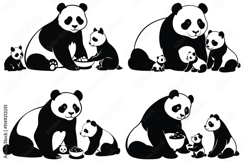 Fototapeta premium set of black silhouette Cute panda family white background
