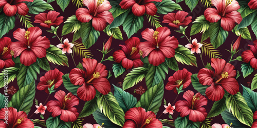 Vibrant floral pattern featuring lush hibiscus flowers in deep red and soft pink against a rich, dark background.