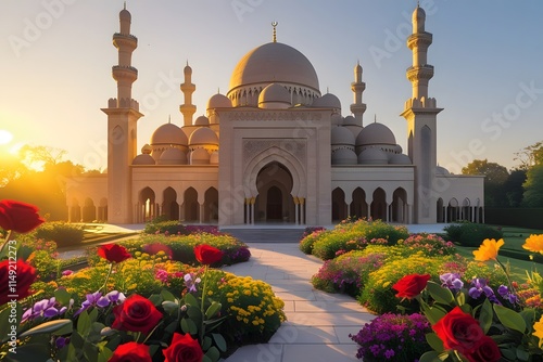 The exterior of this magnificent Middle Eastern-style mosque is in the middle of a shady garden with colorful flowers, a soft atmosphere of soft light. photo