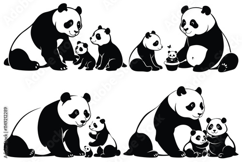 set of black silhouette Cute panda family white background