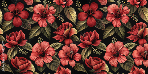Vibrant floral pattern featuring red hibiscus flowers against a dark background.