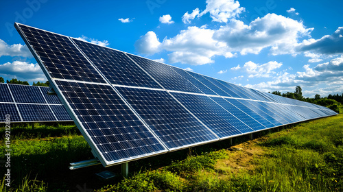 High-tech solar farm funded by corporate investments, endless fields of solar panels generating renewable energy, a step towards decarbonization and sustainable finance photo