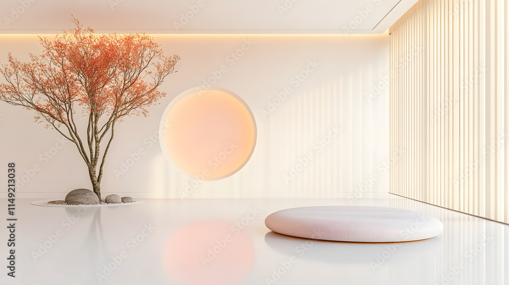 serene minimalist room with soft lighting and calming atmosphere