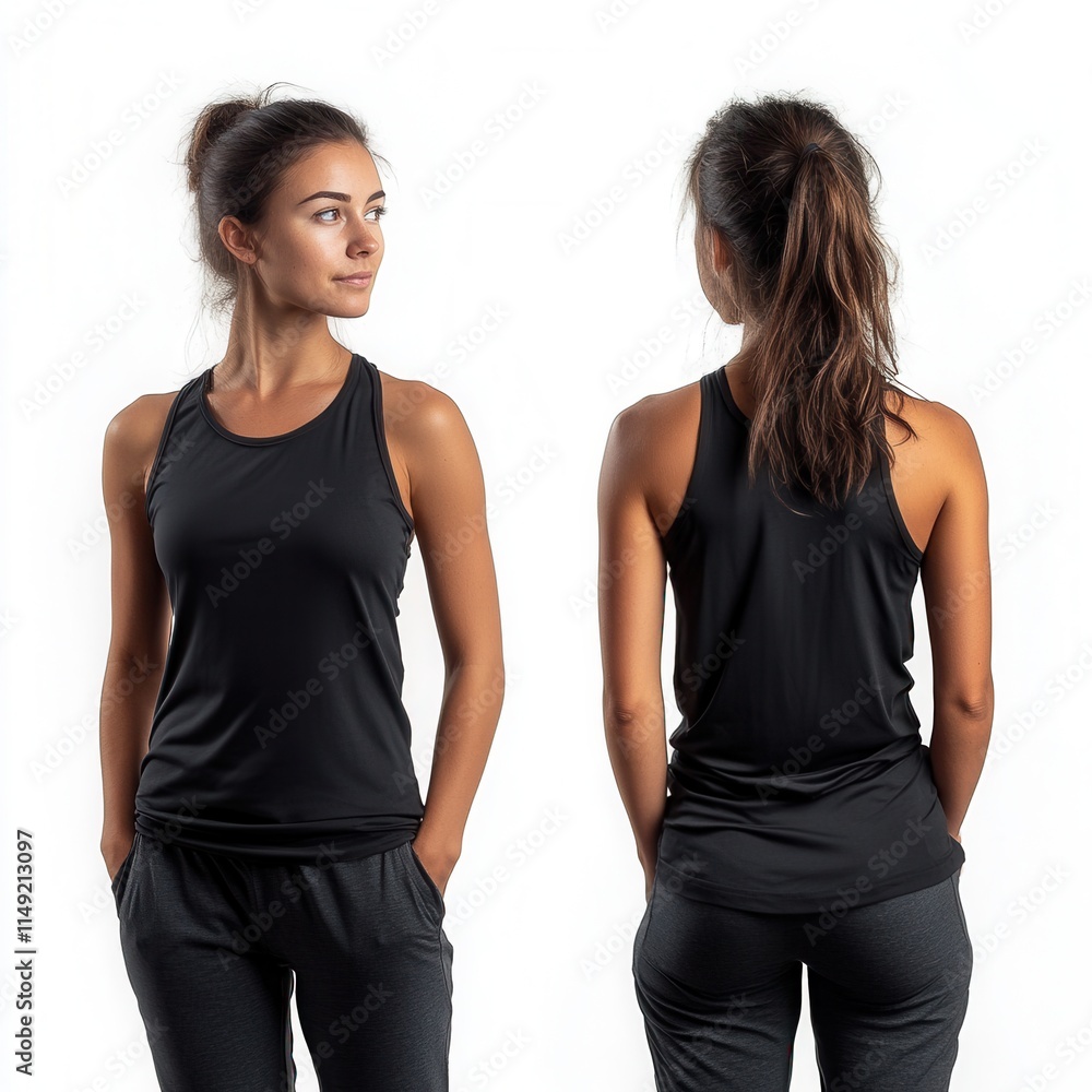 custom made wallpaper toronto digitalFront and Back View of Young Woman in Black Racerback Tank Top and Gray Joggers - Athletic Apparel Mockup