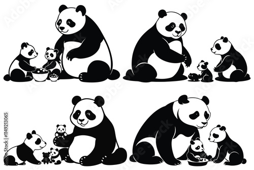 silhouette Cute panda family white background photo