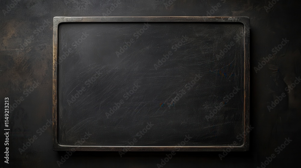 Dark Rustic Wooden Frame Blackboard on Black Textured Background - Blank Menu Board Mockup Dark Rustic Wooden Frame Blackboard on Black Textured Background - Blank Menu Board Mockup