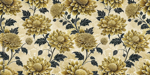 Floral pattern featuring large yellow chrysanthemums against a soft beige background.