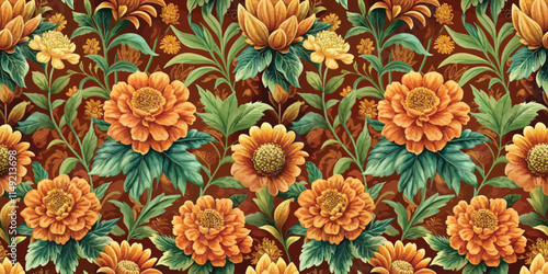Vibrant floral pattern featuring orange and yellow flowers on a rich brown background.