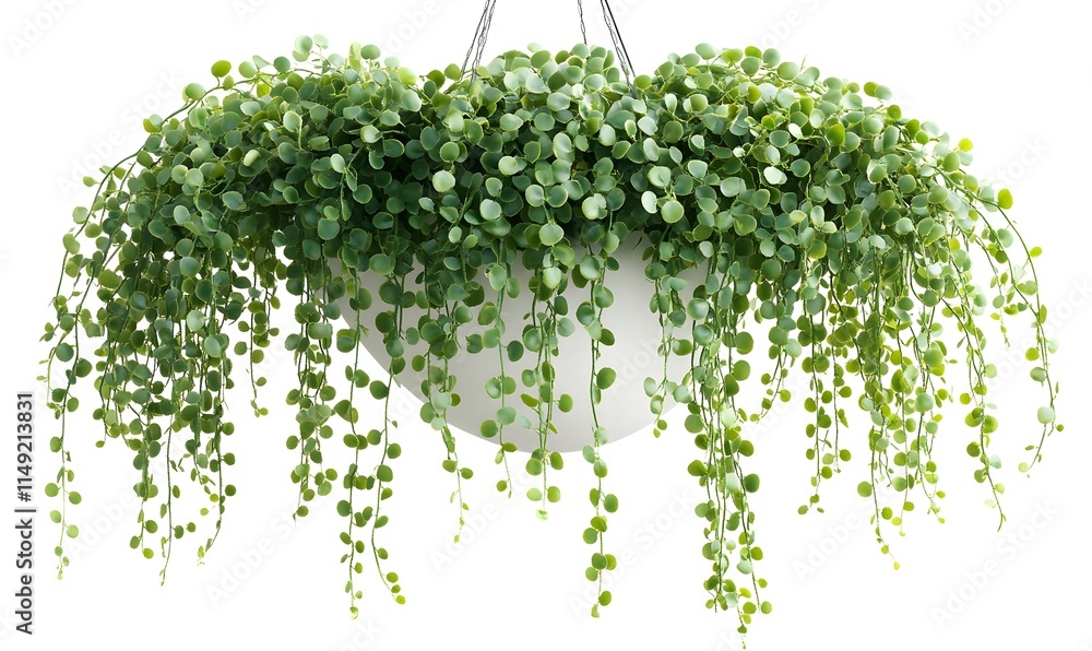 Naklejka premium Hanging artificial plant in a white pot with cascading greenery.