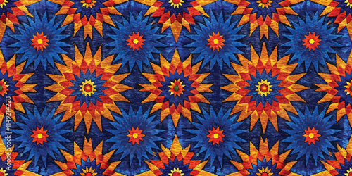 Vibrant blue and orange geometric pattern with starburst shapes, creating a lively and dynamic textile design.