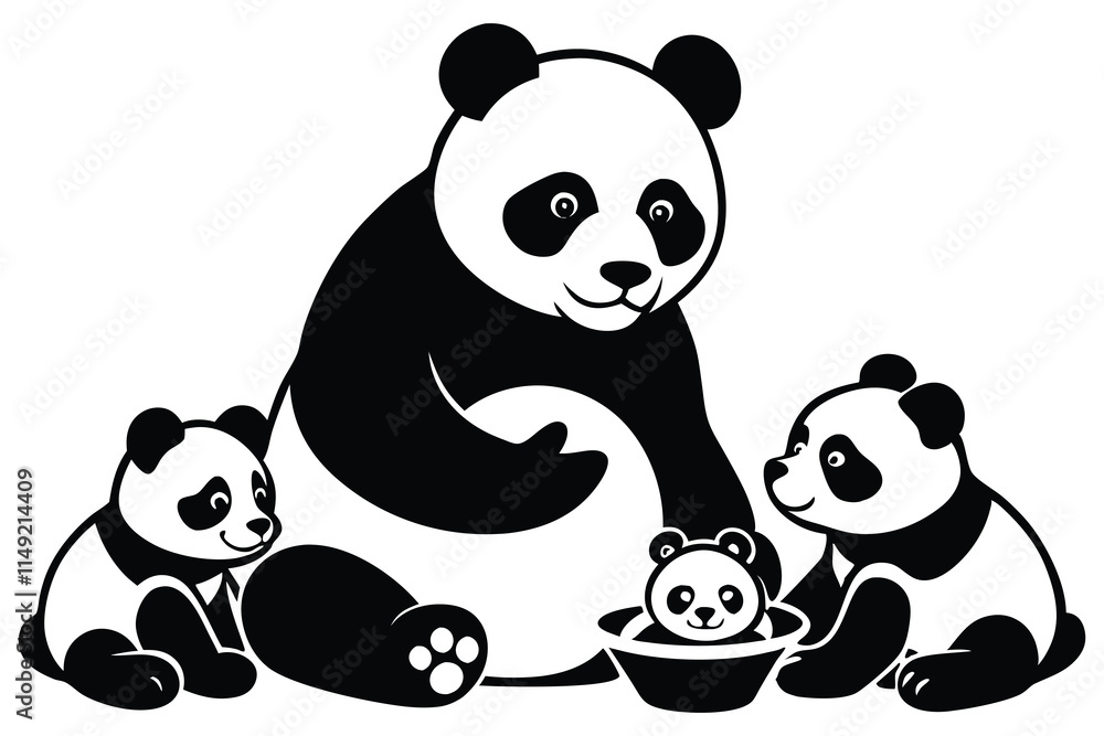 Fototapeta premium silhouette Cute panda family vector white background