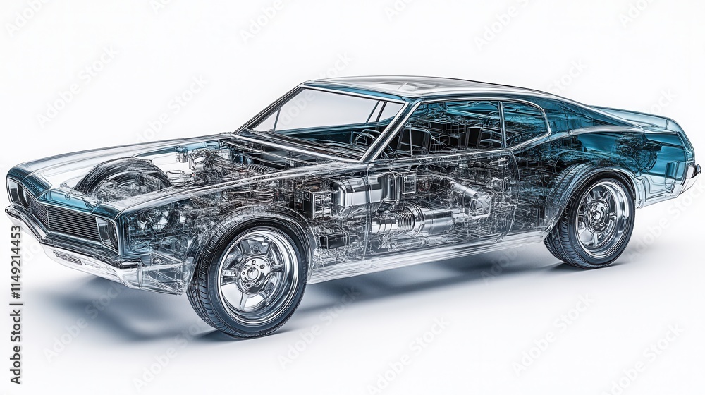 3D Render of Classic Muscle Car with Transparent Engine and Chassis - Detailed Automotive Engineering Visualization 3D Render of Classic Muscle Car with Transparent Engine and Chassis - Detailed Automotive Engineering Visualization