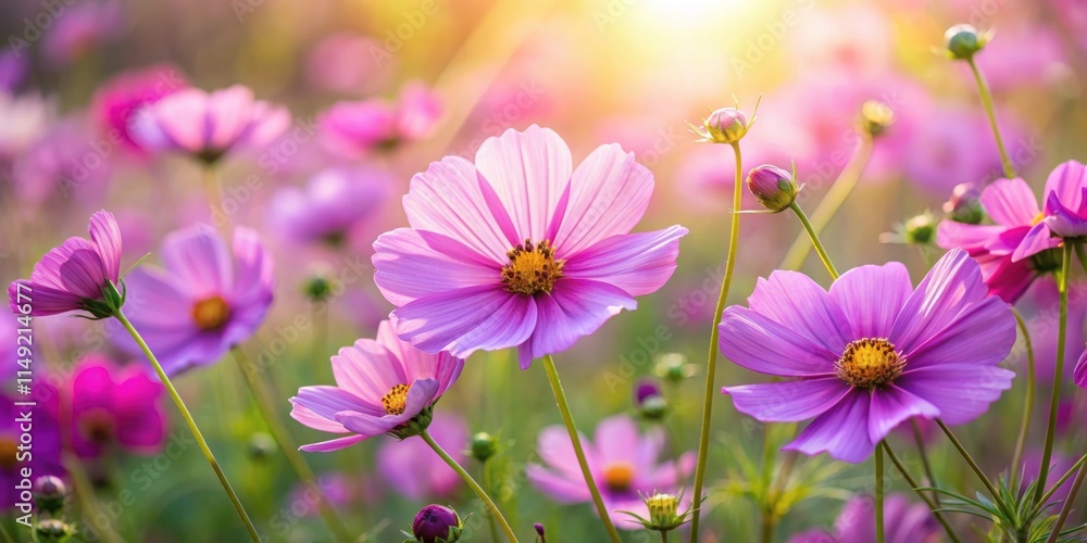 Sun-kissed cosmos flowers sway gently in the breeze amidst a sea of vibrant purple petals, garden scene, beautiful cosmos flower field Sun-kissed cosmos flowers sway gently in the breeze amidst a sea of vibrant purple petals, garden scene, beautiful cosmos flower field