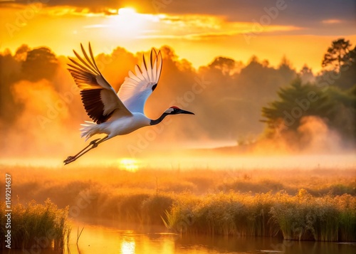 Majestic Red-crowned Crane in Zhalong Wetland Panorama photo