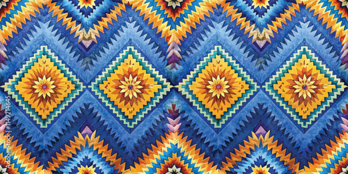 Vibrant geometric pattern in shades of blue, orange, and yellow, creating a striking visual effect.