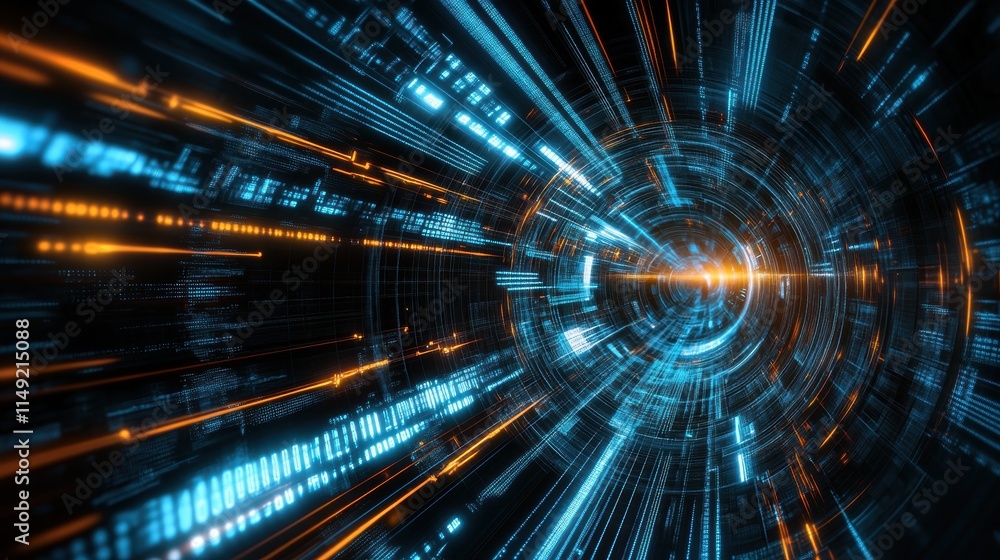 Fototapeta premium Experience the surge of energy and innovation in this abstract visualization of digital data in motion, showcasing vibrant blues and fiery oranges in a mesmerizing, futuristic tunnel.