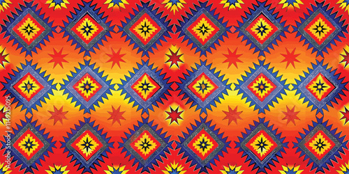 A vibrant geometric pattern featuring diamonds and stars in red, yellow, and blue hues.