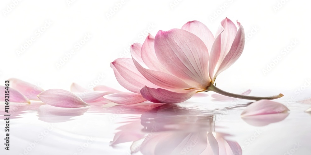 Soft pink petal with delicate edges falls gently from a flower, floating on a serene white background, isolated for a clean cutout effect , isolation, feminine Soft pink petal with delicate edges falls gently from a flower, floating on a serene white background, isolated for a clean cutout effect , isolation, feminine
