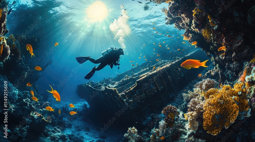 Fototapeta premium Scuba Diver Exploring Sunlit Reef