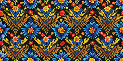 Vibrant floral pattern featuring blue flowers and golden leaves on a dark background.