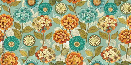 Vibrant floral pattern featuring lush blooms in warm hues against a soft teal background.