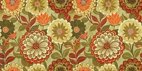 Vibrant floral pattern featuring richly colored flowers in warm tones, creating a lively and cheerful atmosphere.