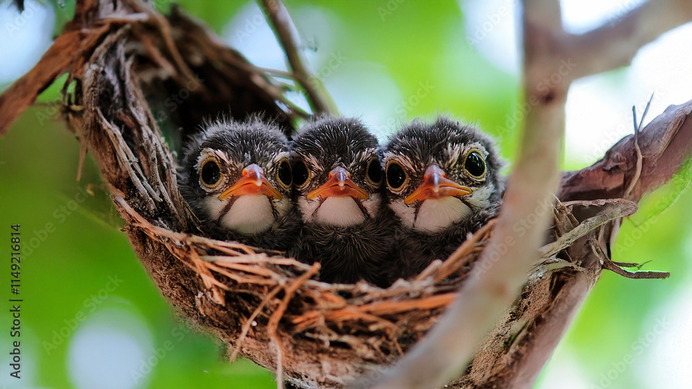 Three baby birds in a nest. Chicks nest tree branch children branches nature. A nest of chicks in nature with branches. Lifestyle. Three baby birds in a nest. Chicks nest tree branch children branches nature. A nest of chicks in nature with branches. Lifestyle.