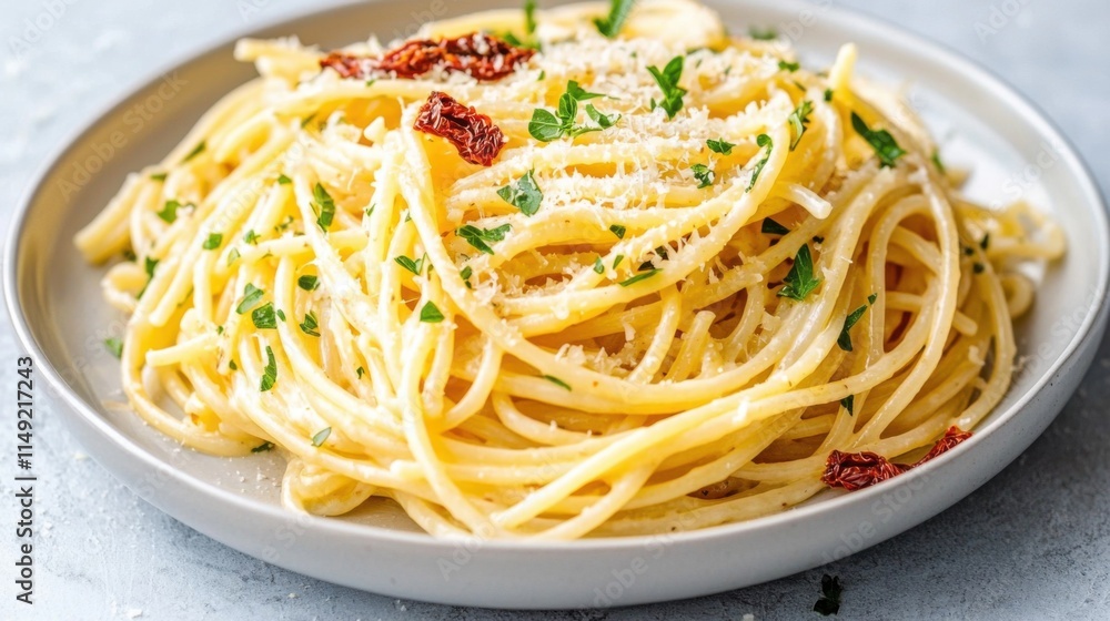 A delicious plate of spaghetti topped with sun-dried tomatoes, herbs, and grated cheese, showcasing a classic Italian dish. A delicious plate of spaghetti topped with sun-dried tomatoes, herbs, and grated cheese, showcasing a classic Italian dish.