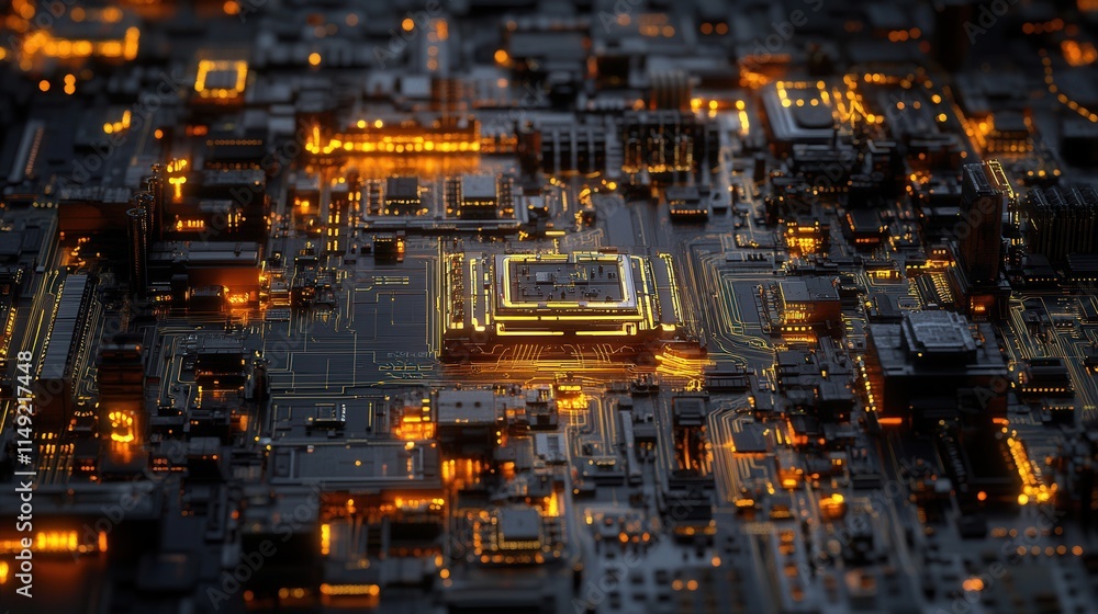 Close-up of Illuminated Circuit Board Abstract Technology Background with Glowing Components and Central Processor Close-up of Illuminated Circuit Board Abstract Technology Background with Glowing Components and Central Processor