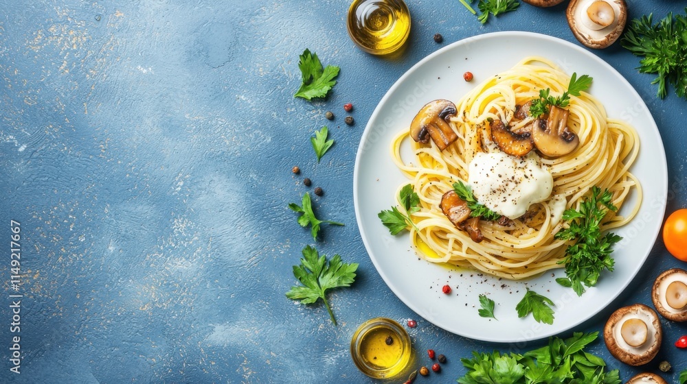 A delicious serving of pasta topped with mushrooms, herbs, and cheese, elegantly arranged on a light blue background. A delicious serving of pasta topped with mushrooms, herbs, and cheese, elegantly arranged on a light blue background.