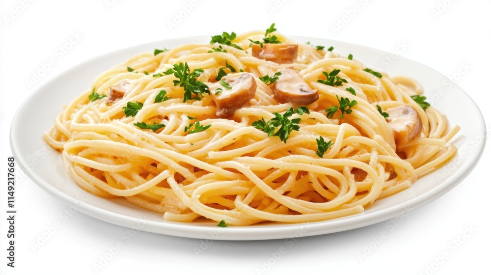 A creamy plate of spaghetti topped with sliced sausage and garnished with fresh parsley. A creamy plate of spaghetti topped with sliced sausage and garnished with fresh parsley.