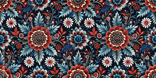 A vibrant floral pattern featuring colorful blooms on a dark background, evoking a rich, bold aesthetic.
