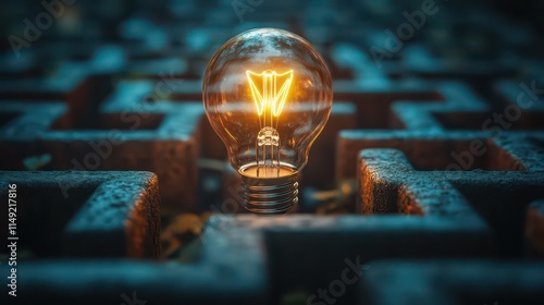 In a unique concept, a light bulb sits at the heart of a maze - like wall. It stands as a powerful representation of innovation and the birth of ideas. This creative display sparks the imagination. Id photo