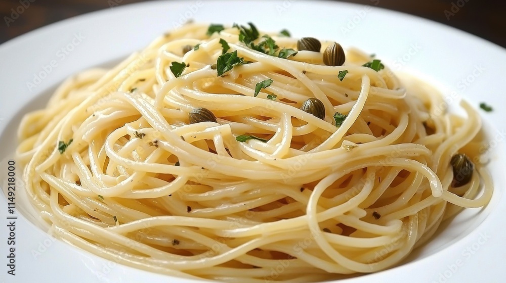 A delicious plate of spaghetti garnished with fresh herbs, showcasing a classic Italian pasta dish. A delicious plate of spaghetti garnished with fresh herbs, showcasing a classic Italian pasta dish.