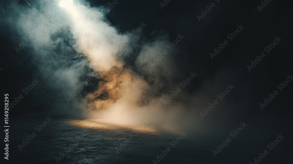 Light beam breaks through dark mist in a mysterious atmosphere at night. Light beam breaks through dark mist in a mysterious atmosphere at night.