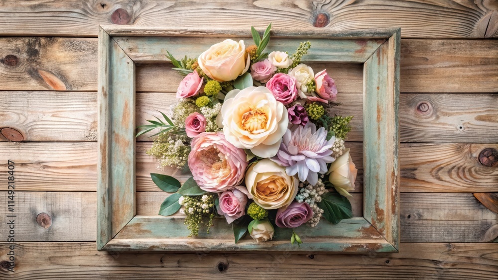 A beautiful arrangement of artificial flowers in a vintage style on a wall, with a distressed wooden frame and soft pastel colors , home decor, bouquet A beautiful arrangement of artificial flowers in a vintage style on a wall, with a distressed wooden frame and soft pastel colors , home decor, bouquet