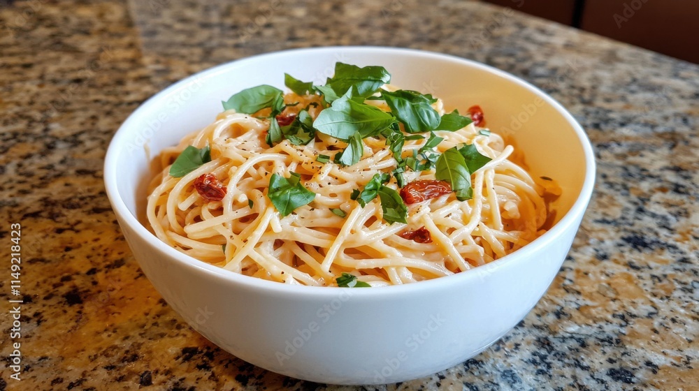 A creamy pasta dish topped with fresh herbs and spices, served in a white bowl on a textured counter. A creamy pasta dish topped with fresh herbs and spices, served in a white bowl on a textured counter.