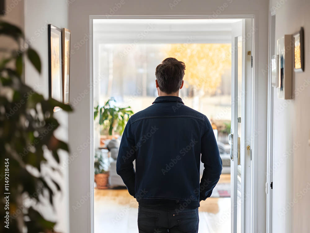 Man in Doorway Facing Backyard Man in Doorway Facing Backyard