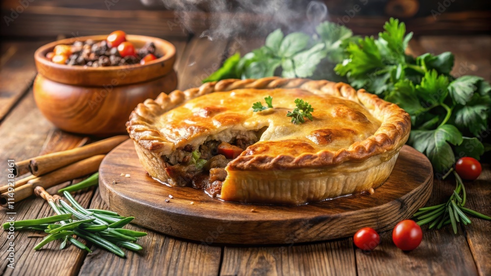 Warmly lit beef stew pie on a rustic wooden cutting board, surrounded by steaming vegetables and savory spices, with a sprinkle of fresh herbs on top , beef stew, cutting board Warmly lit beef stew pie on a rustic wooden cutting board, surrounded by steaming vegetables and savory spices, with a sprinkle of fresh herbs on top , beef stew, cutting board