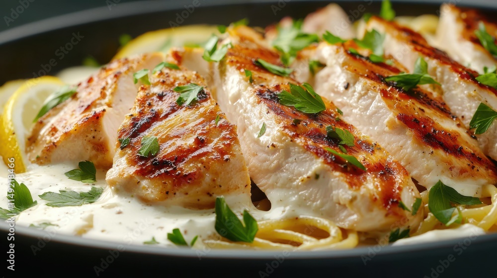 Grilled chicken slices served on a bed of pasta with creamy sauce and garnished with parsley, creating a delicious and appealing dish. Grilled chicken slices served on a bed of pasta with creamy sauce and garnished with parsley, creating a delicious and appealing dish.